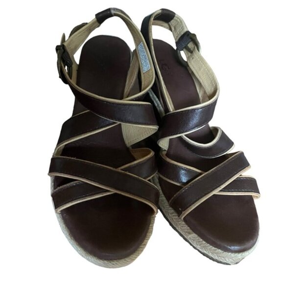 UGG Isabella Wedge Sandals Size 6 Brown Leather Strappy - Picture 11 of 14